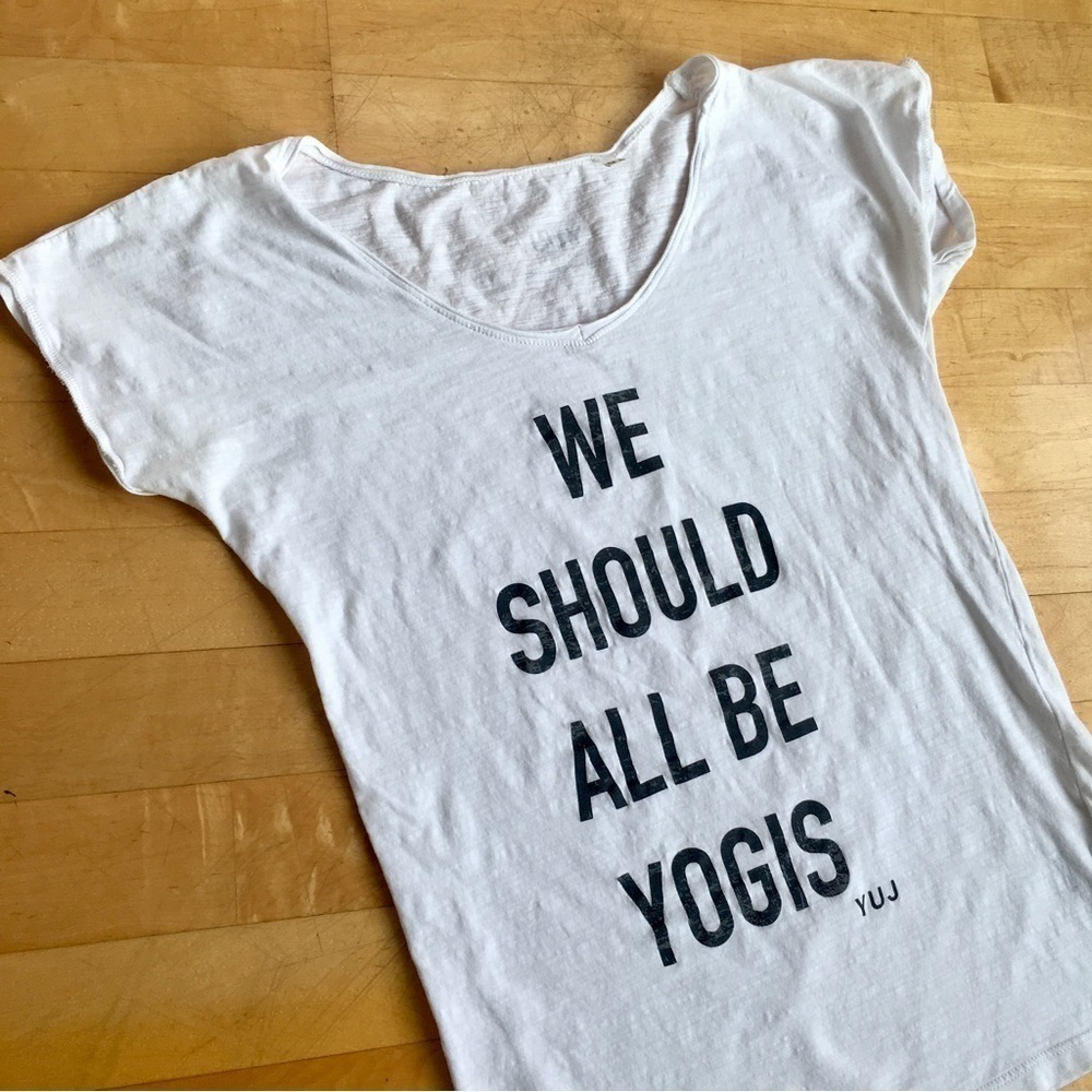 YUJ Paris “WE SHOULD ALL BE YOGIS” Scoop Neck Fitted Tee, White, Black, Size XS